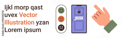 Human behavior, feedback systems, security access, decision-making, expression, evaluation. Hand pointing at a secured door with emotion feedback panel. Feedback systems and security access concept