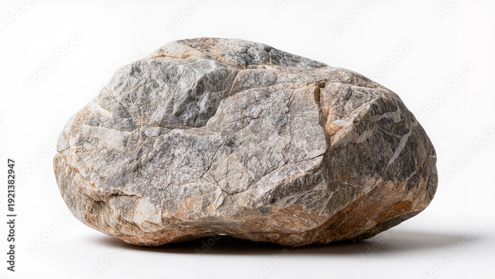 Fototapeta premium Large natural marble rock with mixed gray, white, and brown veining, isolated on a white background, highlighting detailed mineral patterns and organic stone texture.