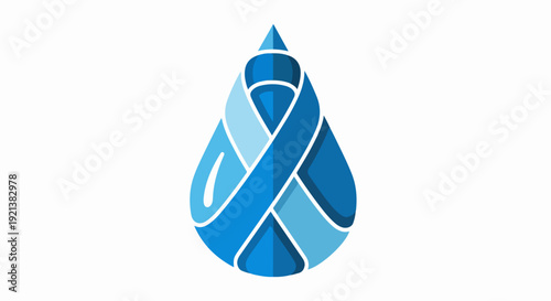 Blue teardrop shaped symbol with swirling ribbon design elements on white background