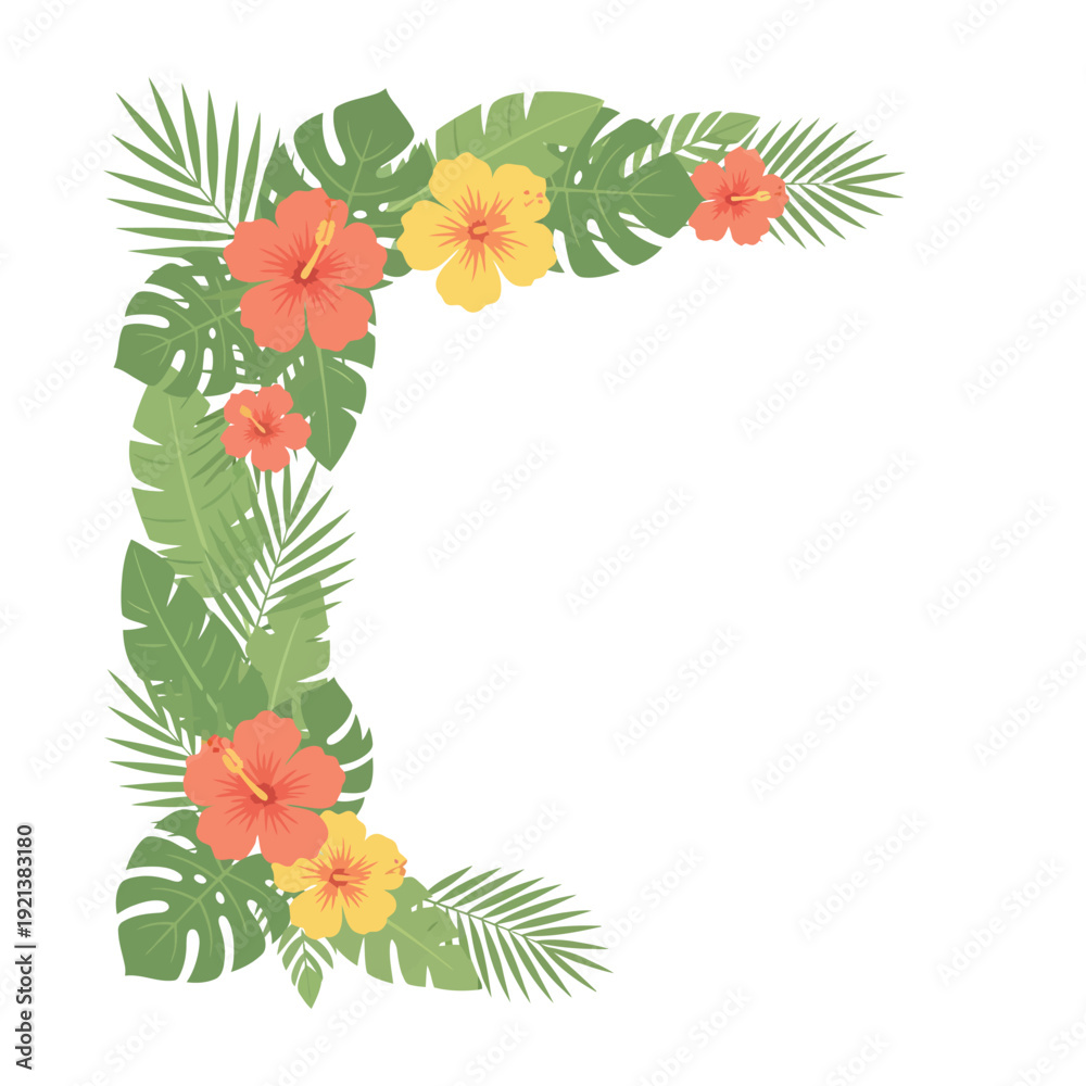 Naklejka premium Tropical corner border with hibiscus flowers and monstera leaves