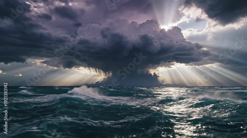 Dark storm clouds loom over choppy ocean waves, with sunlight piercing through, casting rays that highlight the turbulent water and dramatic sky