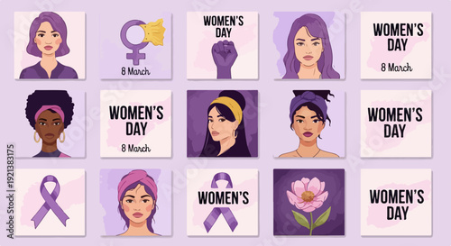 Women's day illustrations with diverse portraits and symbols on purple background