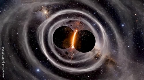 Gravitational Waves Visualization of Two Black Holes Merging with Accretion Disks, Rippling Space-Time in Cosmic Astrophysics Simulation