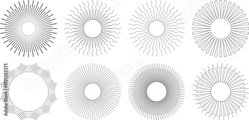 Abstract Sunburst Line Art Vector Collection with Radiating Geometric Circular Patterns Minimal Black Outline Design Elements for Logo Badge Emblem Background Decoration Modern Illustration Set
