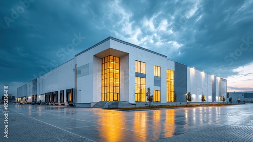 Modern industrial warehouse building at dusk with illuminated glass entrance and loading docks