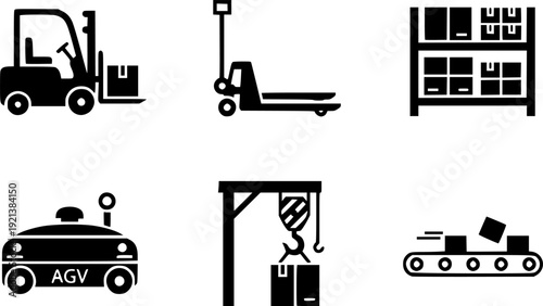 Material Handling Icons. Material handling systems: forklift, pallet jack, storage rack, automated guided vehicle, hoist pulley, conveyor loader