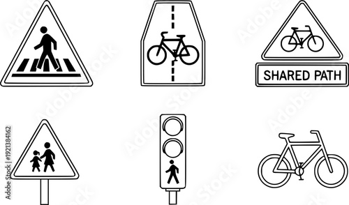 Pedestrian and Bicycle Signs in outline style: crosswalk stripes sign, bike lane symbol, shared path sign, school zone sign, pedestrian signal icon