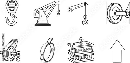 Load Handling Icons. Load Handling lifting set in outline vector style: hoist hook, crane arm, pulley wheel, lifting strap, load block, upward arrow
