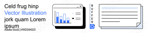 Data management, file organization, user interface, digital analytics, productivity, business tools. Bar chart within a dashboard, file widget buffer icon. Data management and productivity concept
