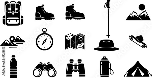 Outdoor Adventure Gear Icons. Outdoor Route Adventure Tools icon set in silhouette bold style. Contain backpack, hiking boots, walking stick, compass, map, water bottle, binoculars, tent 