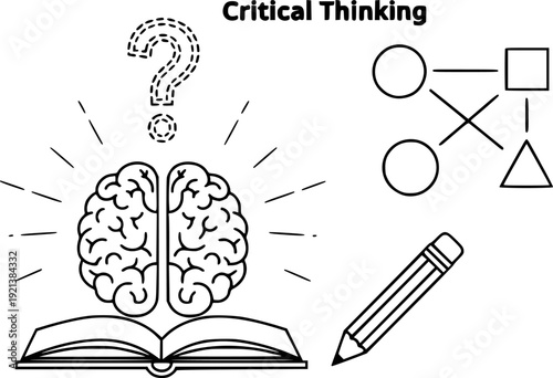 Critical Thinking in outline style: Book, Brain Outline, Light Rays, Pencil, Question Symbol, Diagram. Vector icons
