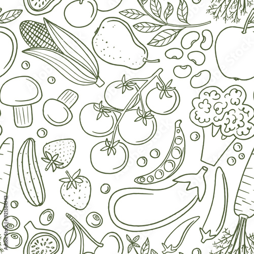 Seamless pattern with outline vegetables and fruits.  Hand drawn food illustration ideal for packaging, stationary, scrapbooking, wrapping, kitchen textiles, wallpaper and restaurant branding.