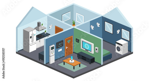 Isometric illustration depicting a modern smart home interior with advanced automated technology and connected devices for efficient living.