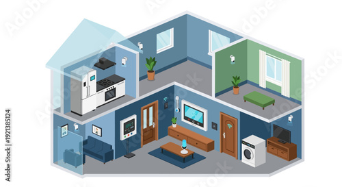 Isometric illustration of smart home automation, showcasing connected devices and future living technology in a modern house interior.