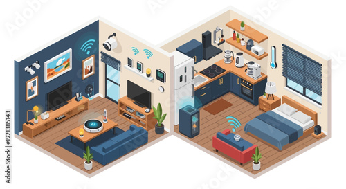 Isometric illustration of a modern smart home interior, featuring integrated connected devices and automated systems for daily comfort.