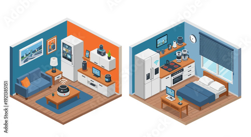 Isometric illustration of connected living spaces, showcasing a smart home ecosystem with integrated technology across modern apartment rooms.
