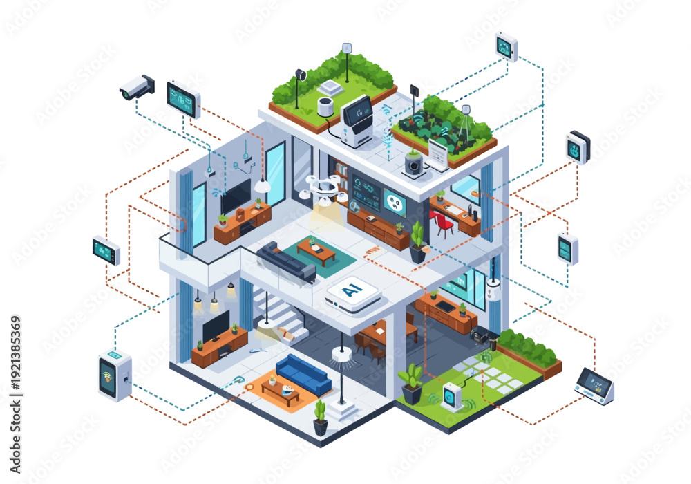 Obraz premium Isometric illustration depicting an intelligent smart home network, showcasing interconnected devices, modern automation, and AI technology.