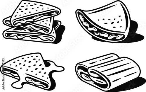 Hand drawn folded crepes, quesadillas, and stuffed flatbreads outline vector illustration