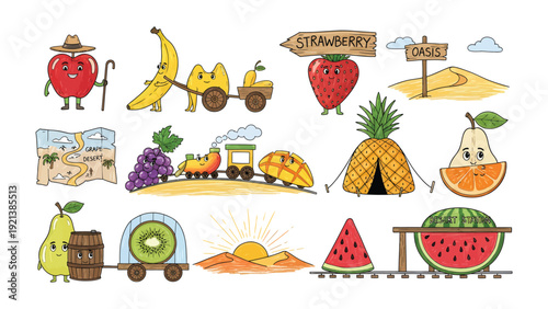 Whimsical Fruit Fiesta: A collection of cheerful fruit characters embark on a fun-filled adventure, complete with a map, a train, and sunny landscapes.