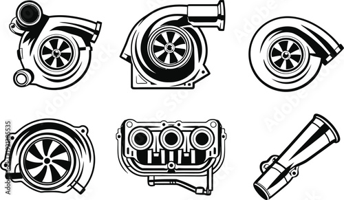 Car engine turbocharger and auto parts vector illustration