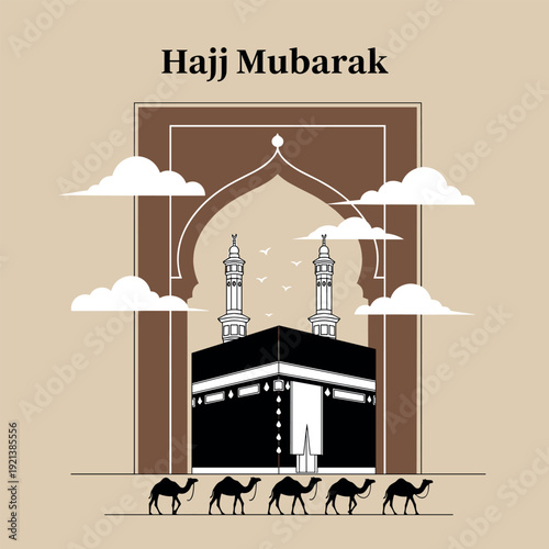 Hajj Mubarak greeting card with Kaaba mosque illustration camels caravan Islamic pilgrimage Mecca architecture vector design