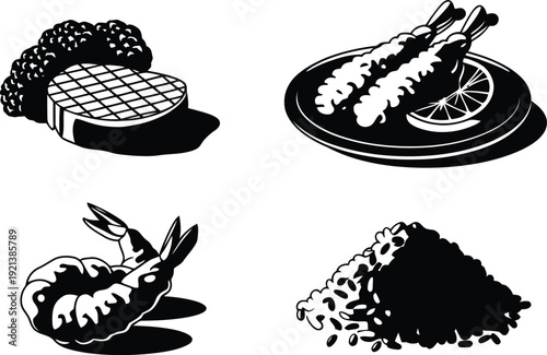 food icon set illustration featuring grilled steak, shrimp tempura, and rice vector