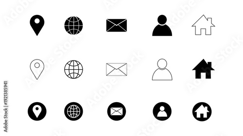 Minimal Black and White UI Icon Set – Location, Globe, Email, User and Home Vector Icons Collection