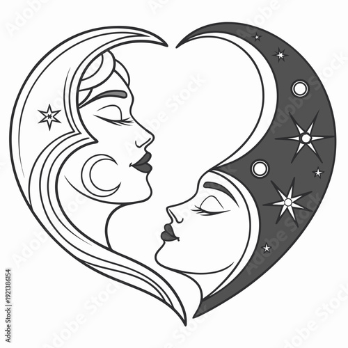A romantic illustration of a couple embracing under a heart shape with a moon and stars. isolated on transparent background, isolated on white background, Vector