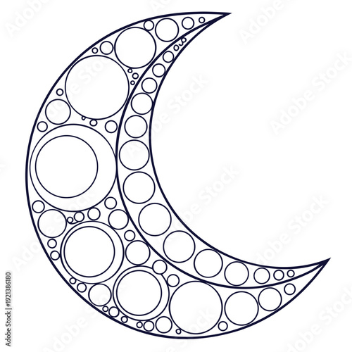 Intricate geometric pattern featuring a crescent moon with circles isolated on transparent background, isolated on white background, Vector