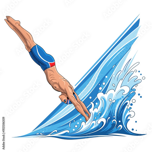 diver plunges into ocean wave with dynamic splash Vector Illustration, Isolated Graphic Design Asset