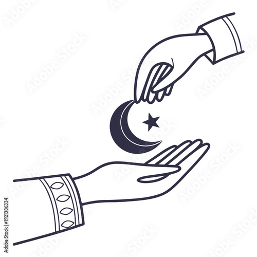 A hand reaching out to give a star to another open hand isolated on transparent background, isolated on white background, Vector