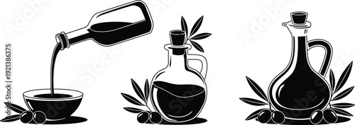 Olive Oil Bottle and Pouring Silhouette Vector Collection