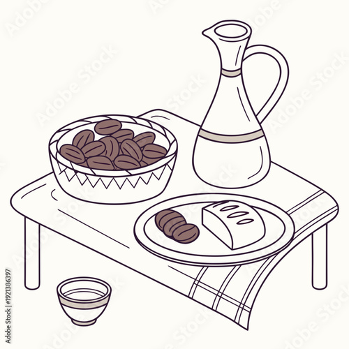 A vintage table setting with a pitcher of milk and a bowl of fruit. isolated on transparent background, isolated on white background, Vector