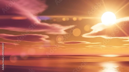 Sunrise casts warm orange and pink hues over calm ocean waters, with clouds illuminated by sunlight creating a serene and picturesque scene