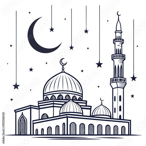 A serene mosque under the moonlight with stars and minarets isolated on transparent background, isolated on white background, Vector