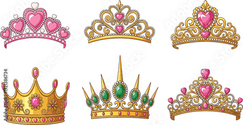 Luxury Royal Crowns and Princess Tiaras Vector Illustration Set with Golden Jewelry Hearts Gems Fairy Tale Flat Design