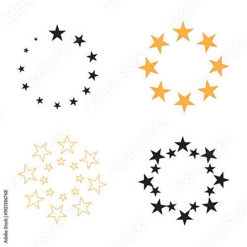 Stars of various sizes arranged in circle. Design element, ornament. Star circle vector. Black and Yellow stars shape, simple symbol.