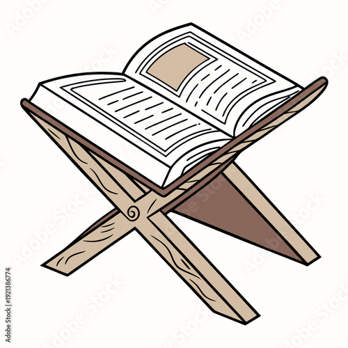An open book resting on a wooden reading stand against a white background isolated on transparent background, isolated on white background, Vector