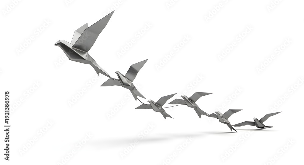 Obraz premium A flock of metallic origami birds in flight on a white background showcasing creativity and freedom ideal for business and design concepts