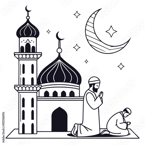 A person praying in front of a mosque under the moonlight isolated on transparent background, isolated on white background, Vector