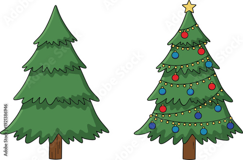 Christmas Tree Vector Illustration Set with Plain and Decorated Fir Trees Holiday Winter Festive Cartoon Flat Design
