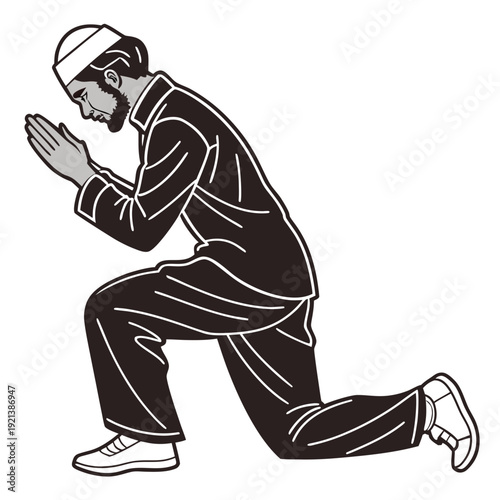 A person wearing a hoodie and sweatpants performing a kneeling exercise with their hands clasped together. isolated on transparent background, isolated on white background, Vector