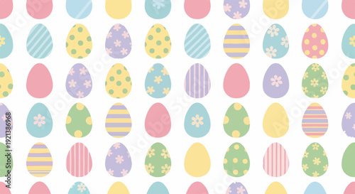 Colorful easter eggs pattern with pastel hues and various designs on white background for decoration