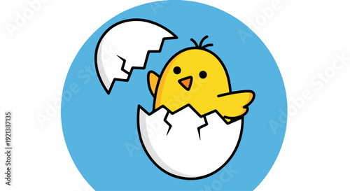 Happy yellow chick emerging from cracked eggshell on blue background symbolizing new life and freedom