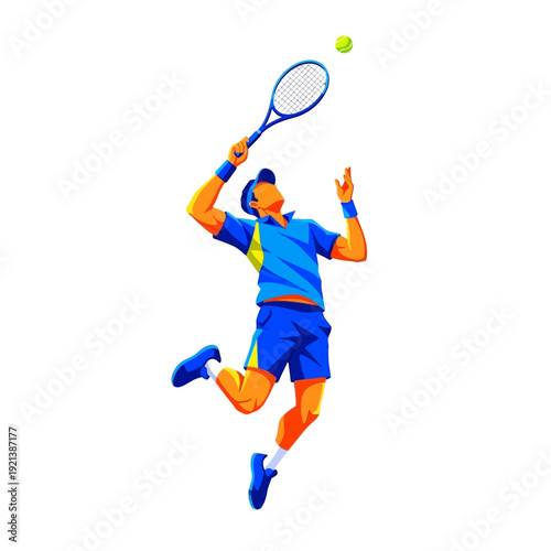 tennis player hitting ball with racket in mid-air Vector Illustration, Isolated Graphic Design Asset