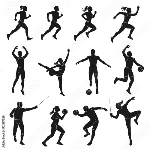 silhouettes of athletes competing in various sports with dynamic movements Vector Illustration, Isol