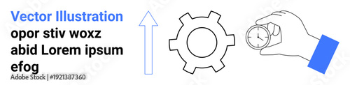 Hand gripping compass, gear symbolizing functionality, and upward arrow indicating progress. Ideal for navigation, strategy, productivity, innovation, development, teamwork simple landing page