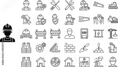 Construction and labor day icons with tools safety gear and workers Keywords: construction, labor day, icon, set, tools, safety
