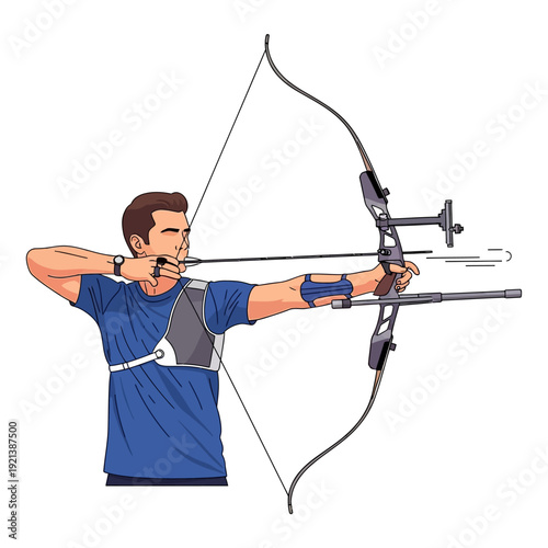focused archer taking aim with modern bow and arrow equipment Vector Illustration, Isolated Graphic