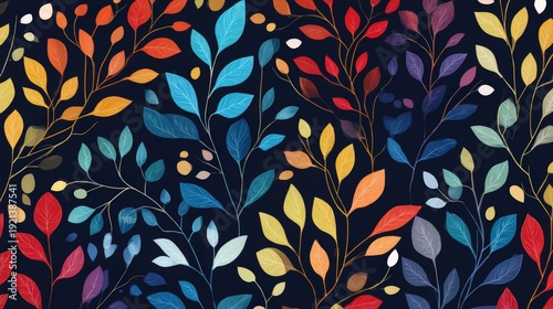 A vibrant, colorful pattern featuring various leaves against a dark background, Ideal for textile designs, wallpapers, or digital artwork, adding a lively touch to any creative project,